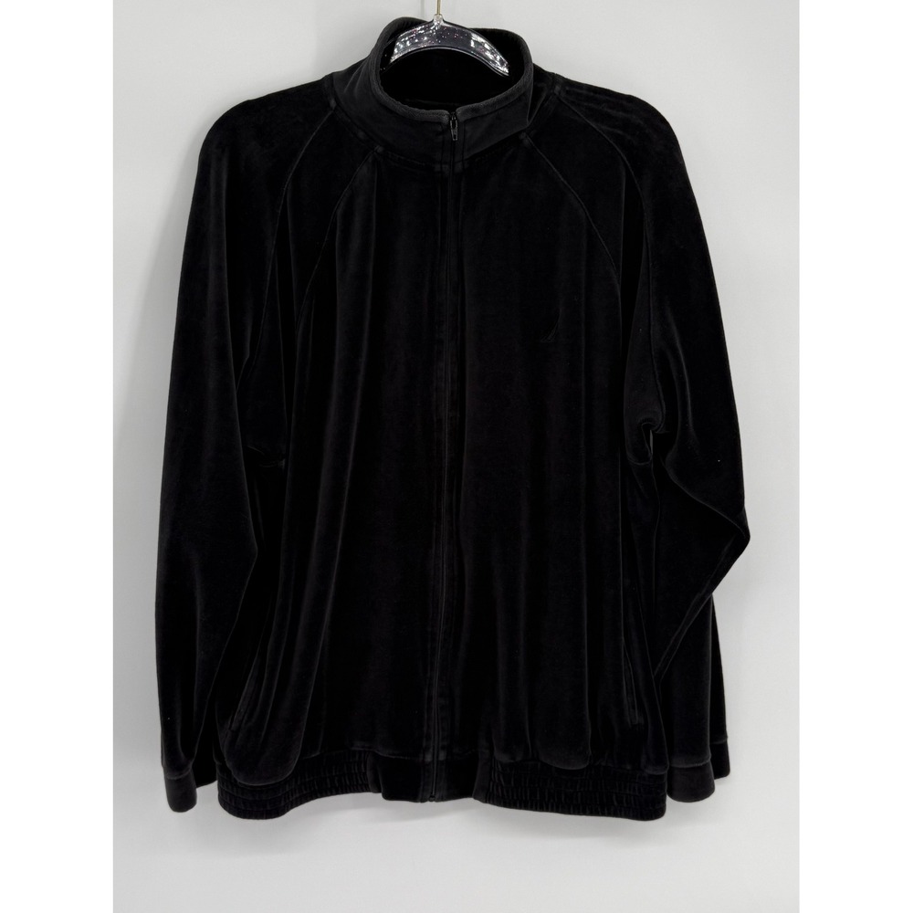 Nautica Mens Black Velour Full Zip Track Jacket Mock Neck Sz M Logo